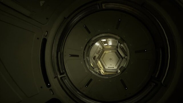 Hexagonal skylight glows over metal corridor, warm yellow illumination, concentric ribs, reflective panels, subtle dust, surveillance atmosphere,