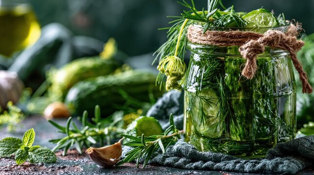 Homemade pickled cucumbers are preserved in a glass jar with fresh herbs and garlic.