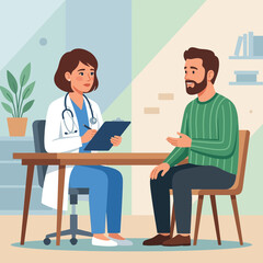 Obraz premium Doctor Consultation: Female physician in white coat with stethoscope listens to male patient's concerns in a modern, flat illustration style.