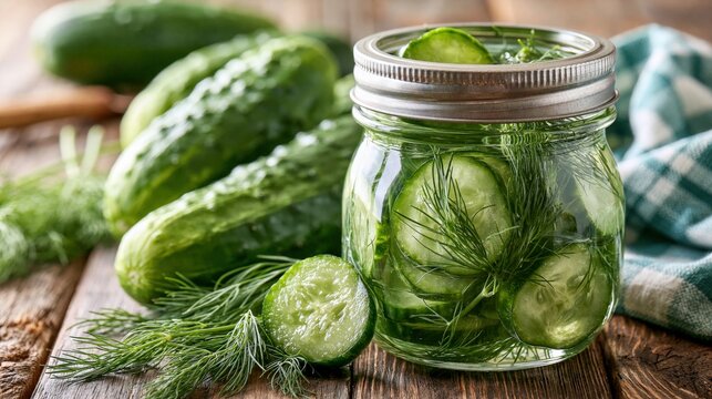 Fresh cucumbers and dill are being preserved in a glass jar.