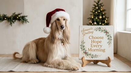 Fototapeta premium Graceful Afghan Hound wearing a red Santa hat rests peacefully near a seasonal greeting sign inside a bright festive home with a glowing Christmas tree. Ideal for holiday cards and