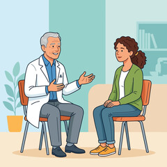 Fototapeta premium Doctor consulting a patient, discussing health in a warm, friendly medical setting. Flat vector illustration.