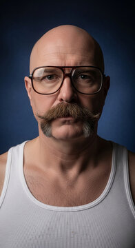 Close up of a bald man with a large mustache and glasses, wearing a white tank top, showcasing a distinct facial appearance, representative of individuality or character studies.