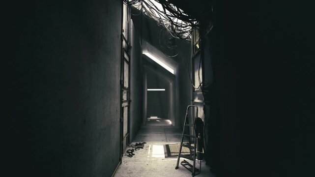Dark corridor with ladder and cables, narrow concrete walls, shaft of daylight piercing ceiling, scattered tools on floor, tangled wiring along side panels,