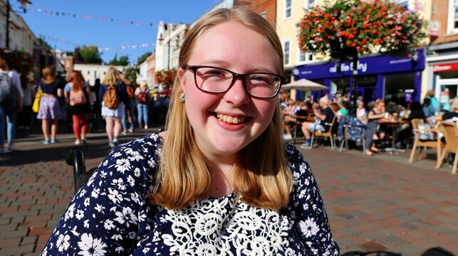 Young woman with glasses smiles while sitting at an outdoor cafe on a sunny day.