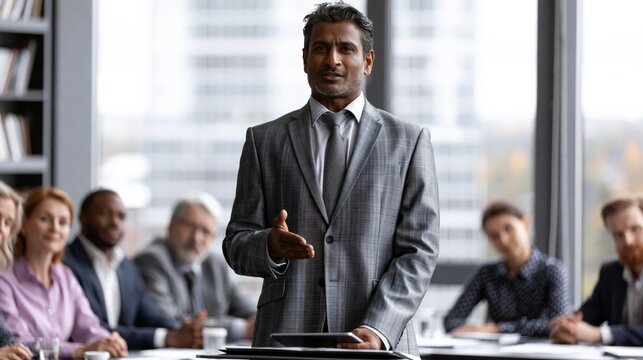 A man in a suit gestures while addressing a group of people in a meeting.