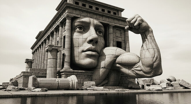 Stone colossus of a giant face and flexing arm integrated with classical architecture, symbolizing power, history, and monumentality