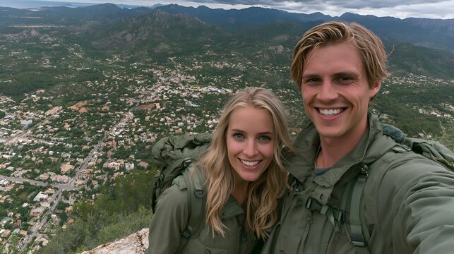 Happy couple takes a selfie on a mountain peak with a panoramic view of a village and hills below