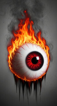 A fiery, bloodshot eyeball engulfed in flames and smoke, dripping molten material, symbolizing intense vision or overwhelming emotion