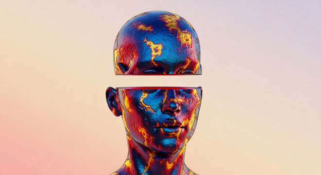 Abstract sculpture of a disembodied human head in vibrant metallic colors, symbolizing thought, consciousness, and creativity, suitable for conceptual themes.