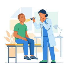 Obraz premium Doctor examines patient's throat with flashlight in flat vector illustration style.