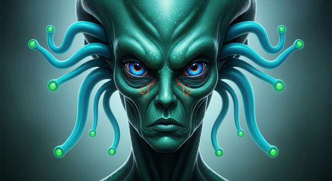 Close-up of a green alien face with blue eyes and teal tentacles, symbolizing mystery, science fiction, and the unknown, ideal for futuristic concepts