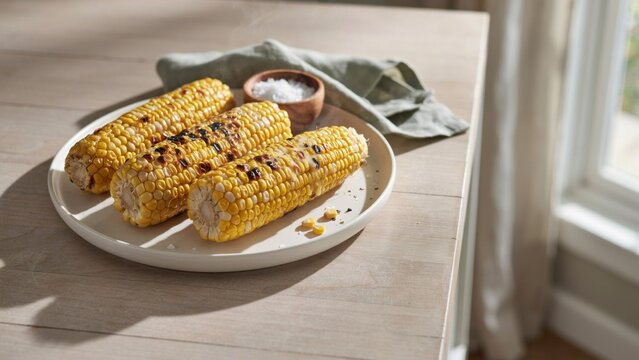 Three steaming grilled sweet corn cobs served on ceramic plate with sea salt seasoning with displays three freshly natural window light resting white plate