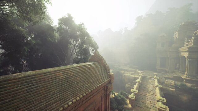 High vantage over temple complex terraces and rooftops, wide composition with misty midground and dense canopy, ideal for aerial reportage and cultural