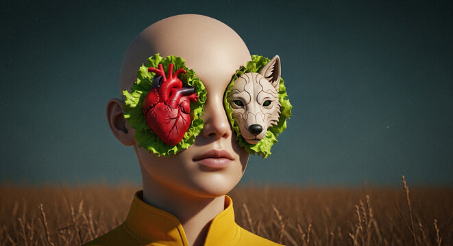 A bald head with a human heart and a wolf mask replacing the eyes, surrounded by lettuce, symbolizing duality, inner self, and perception