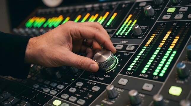 Hand adjusting a rotary knob on an audio mixing console with glowing LED level meters. Sound engineering, music production, audio control, broadcasting and recording studio equipment setup.