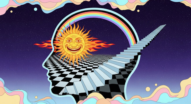 Psychedelic sun and rainbow arch over a checkered floor with ascending stairs within a head silhouette against a starry sky, symbolizing imagination and inner journey.