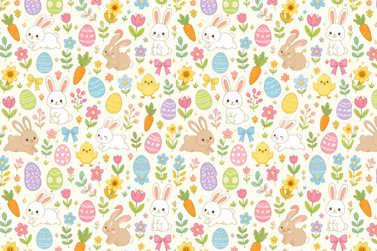 Cute Easter Seamless Background with Decorated Easter Eggs, Bunny Rabbits, Carrots, Spring Flowers, Chicks, Leaves and Festive Seasonal Elements