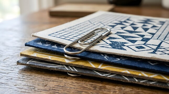 Stack of patterned paper with large metal paper clip resting on top. Office stationery, document organization, paperwork and filing system, creative design paper, workspace essentials.