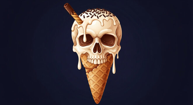 A skull shaped ice cream cone with melting white ice cream, chocolate sprinkles and a wafer stick, symbolizing a morbidly sweet treat or a decadent decay.