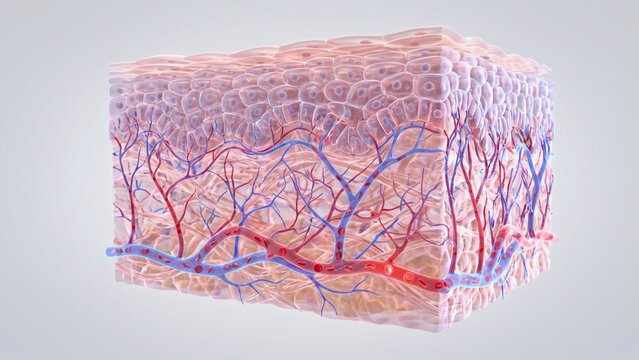 Anatomical illustration of vascular networks within layered human skin tissue.