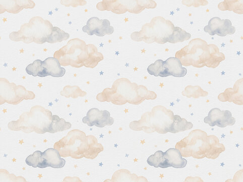Cute watercolor clouds and stars seamless pattern for nursery background