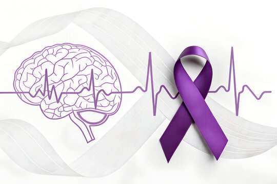 Epilepsy awareness concept with purple ribbon and brain pulse waveform, epilepsy