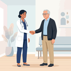 Fototapeta premium Doctor and patient shaking hands in modern medical office with plants and abstract art
