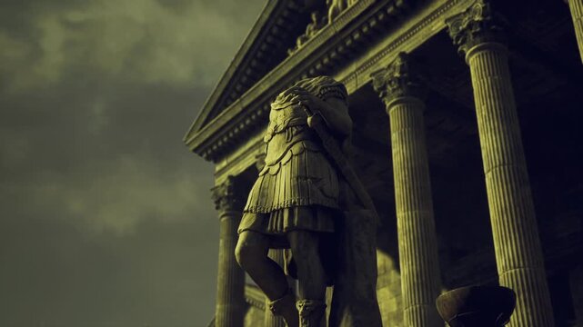 Dramatic Antioch temple facade, towering statue. Bronzetoned lighting casts cinematic shadows across carved columns and weathered stone stormy sky adds tension