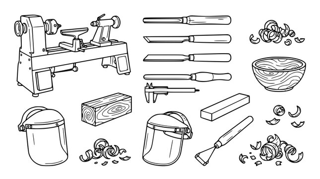 Woodturning Workshop Icon Set with Wood Lathe Machine Chisels Face Shields and Wooden Bowl Crafting Elements for Carpentry Joinery and Hobbyist Woodworking Graphic Designs