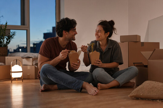 Happy couple enjoying takeout food while moving into new home with packing boxes. New home celebration includes shared moments over takeout, boxes around them creating cozy atmosphere.