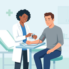 Fototapeta premium Doctor checking patient's blood pressure in a medical clinic, flat illustration vector.
