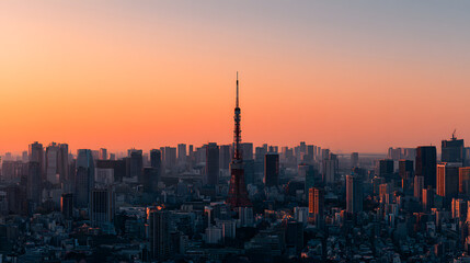 Fototapeta premium Soft Sunrise Over the Tokyo Skyline with a Beautiful Background of Modern Architecture
