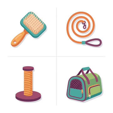 Pet grooming tools and travel accessories are displayed in a four-part collection for animal care.