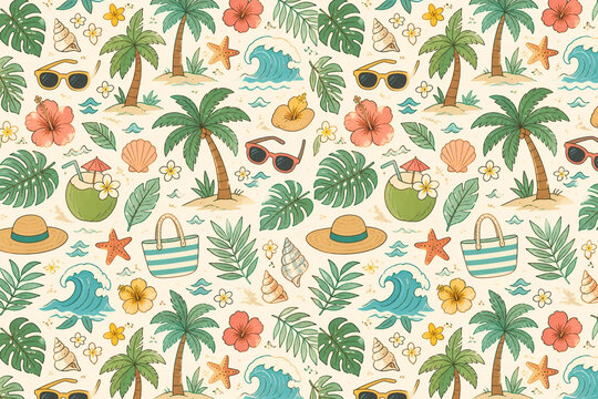 Tropical Beach Seamless Background with Palm Leaves, Coconut Trees, Seashells, Starfish, Ocean Waves, Tropical Flowers and Summer Vacation Elements