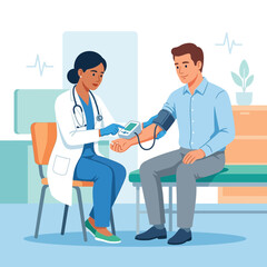 Obraz premium Doctor checking patient's blood pressure in a medical examination room, flat design illustration