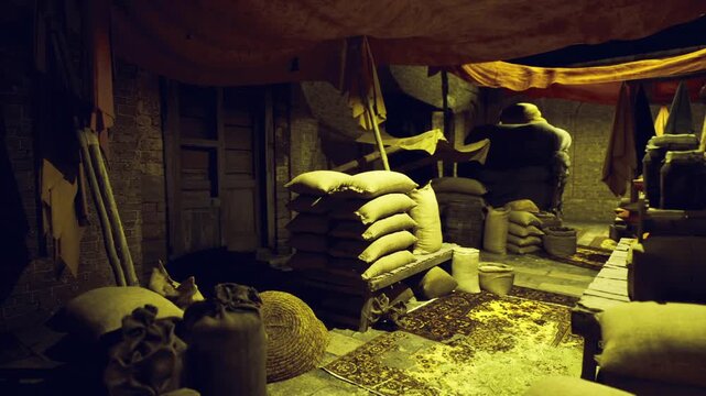Dramatic light over stacked grain sacks and wooden posts, aisle of textured floor and soft shadow evokes heritage preservation and harvest ritual.