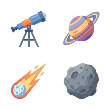 Astronomical phenomena and cosmic tools are presented as a collection of celestial graphic icons.