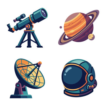 Space exploration equipment and celestial bodies are depicted as stylized icons for scientific study.