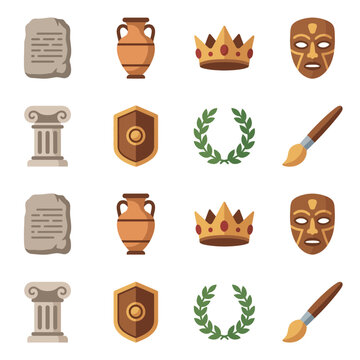 Historical artifacts and cultural icons are arranged in a grid pattern to represent ancient heritage.