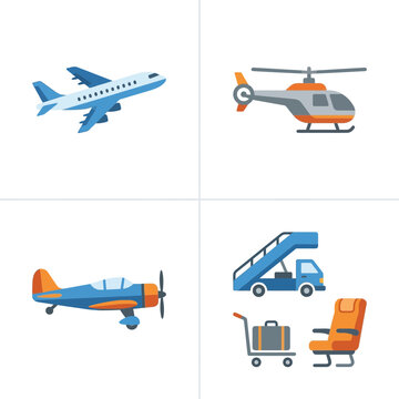 Aircraft and aviation equipment icons depict the essential components of modern air travel and transportation systems.