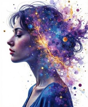 Artistic digital painting of a woman's profile merging with colorful galaxy and cosmic elements