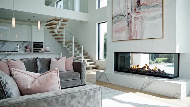 Modern open plan living room with luxury fireplace and stairs.