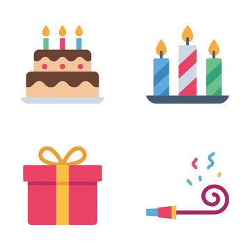 Birthday celebration icons feature a decorated cake, festive candles, a wrapped gift box, and a party blower for event planning.