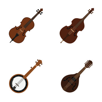 Stringed instruments showcase a collection of classical and folk musical tools including cellos, banjos, and mandolins.