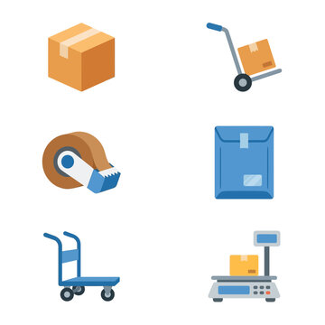 Logistics equipment icons illustrate cardboard boxes, shipping scales, and hand trucks used for warehouse operations.