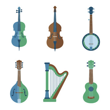 Musical instruments collection showcases a variety of stringed devices including a cello, double bass, banjo, mandolin, harp, and ukulele.