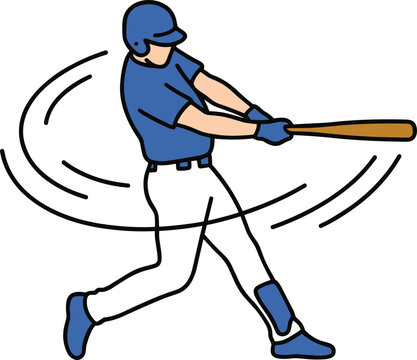 Baseball player swinging a wooden bat. Baseball player in blue uniform swinging a bat for sports use
