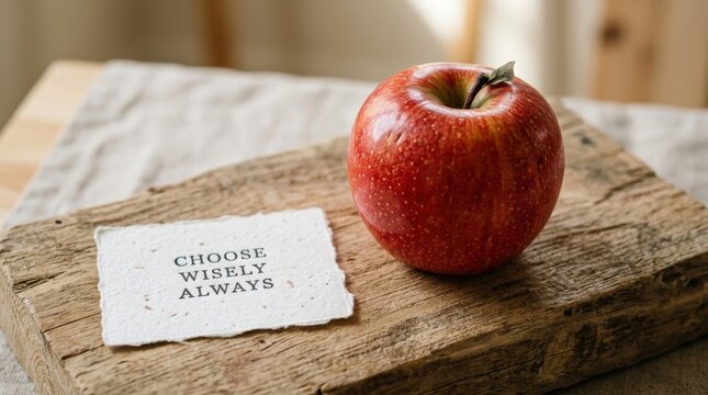 Red apple and motivational note with choose wisely always text on rustic wooden board, providing a healthy lifestyle message for conscious living and making smart dietary decisions for everyone today.