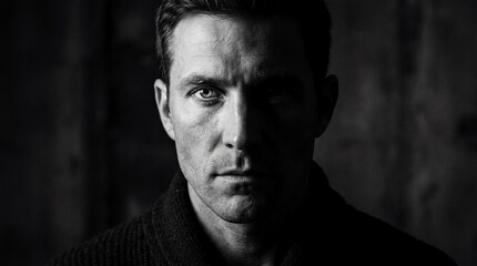 Fototapeta premium Portrait of a Serious Man Looking at Camera in Dark Environment